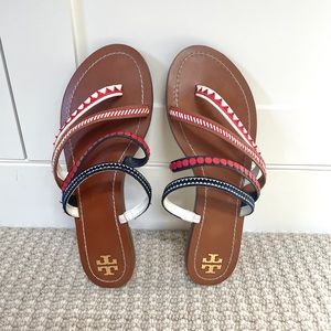 Tory Burch Flat Sandals Red, White, Blue, Size 10